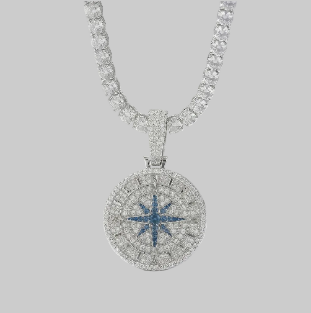 Iced Out Compass Pendant (White Gold)