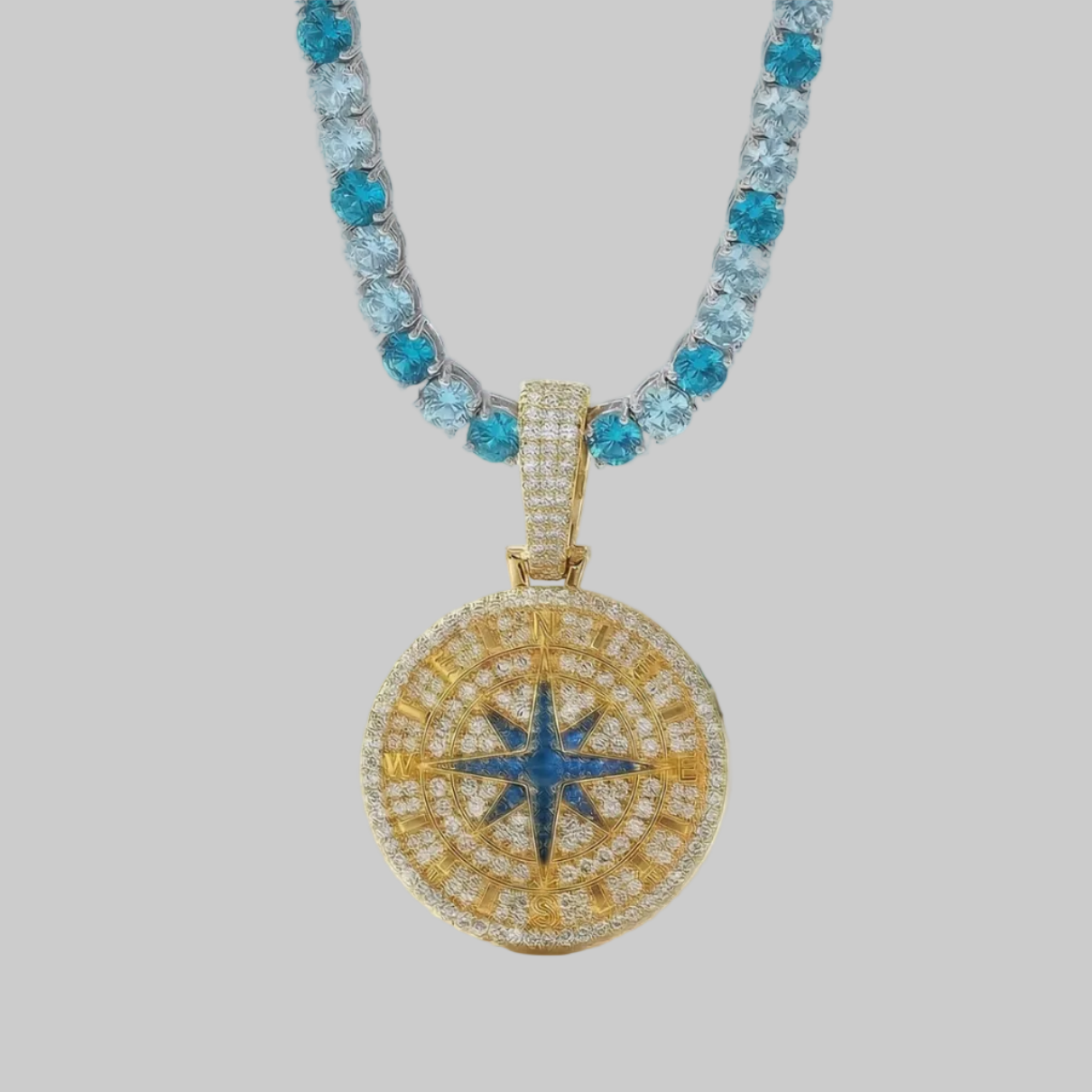 Iced Out Compass Pendant X Ice Blue Tennis Chain (Gold)