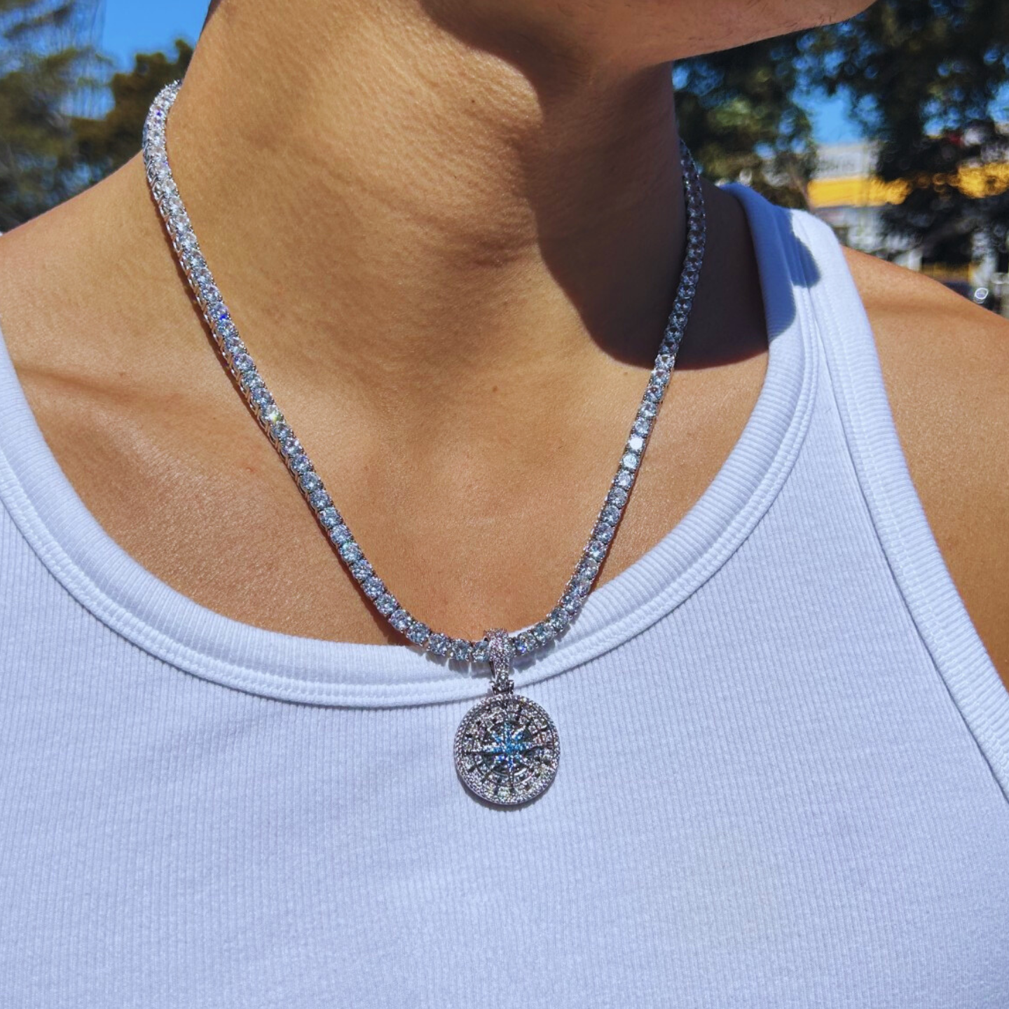 Iced Out Compass Pendant (White Gold)