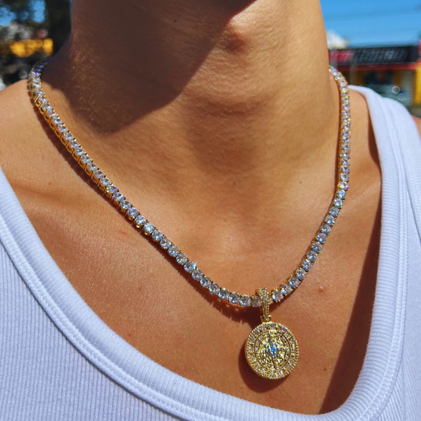 Iced Out Compass Pendant (Gold)