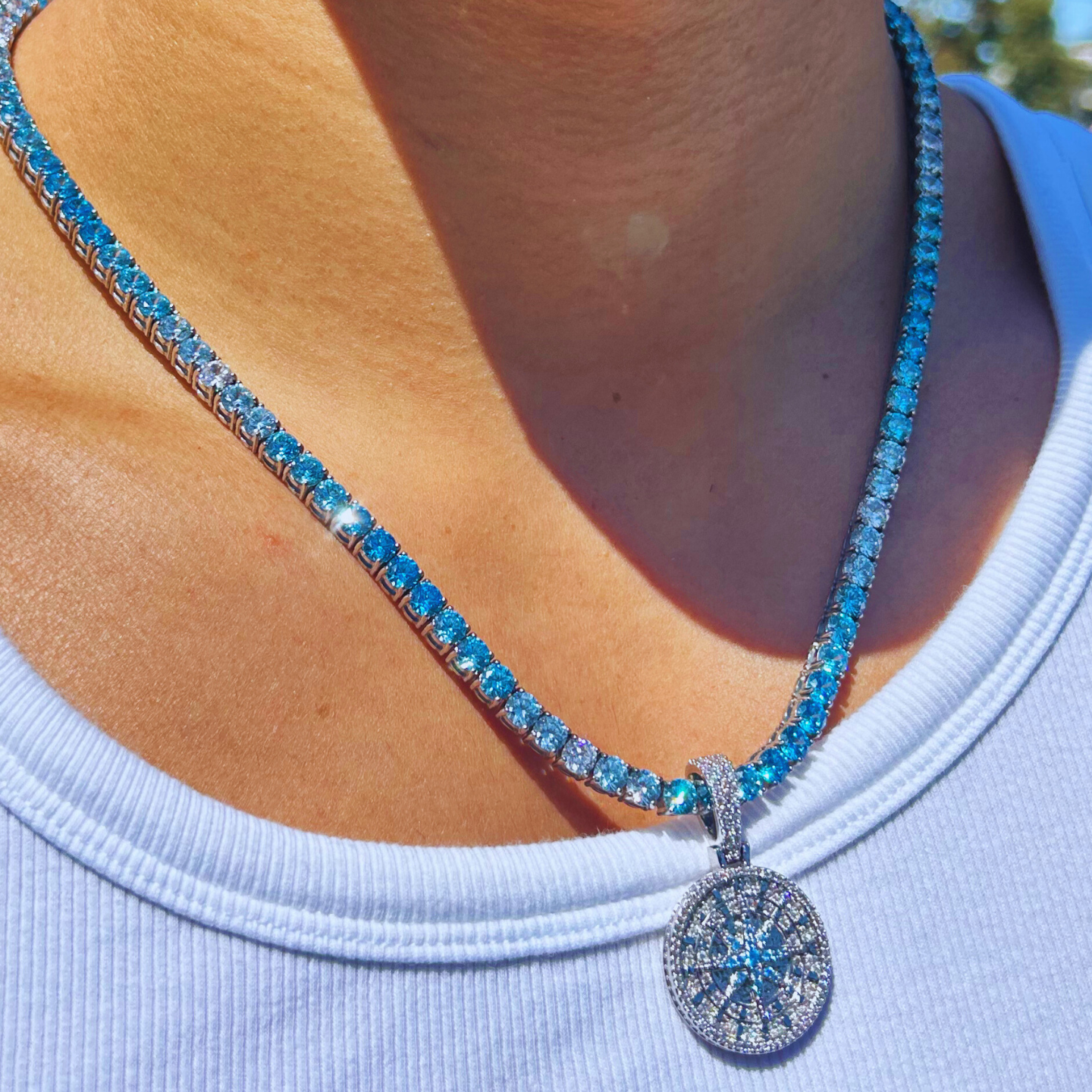 Iced Out Compass Pendant X Ice Blue Tennis Chain (White Gold)