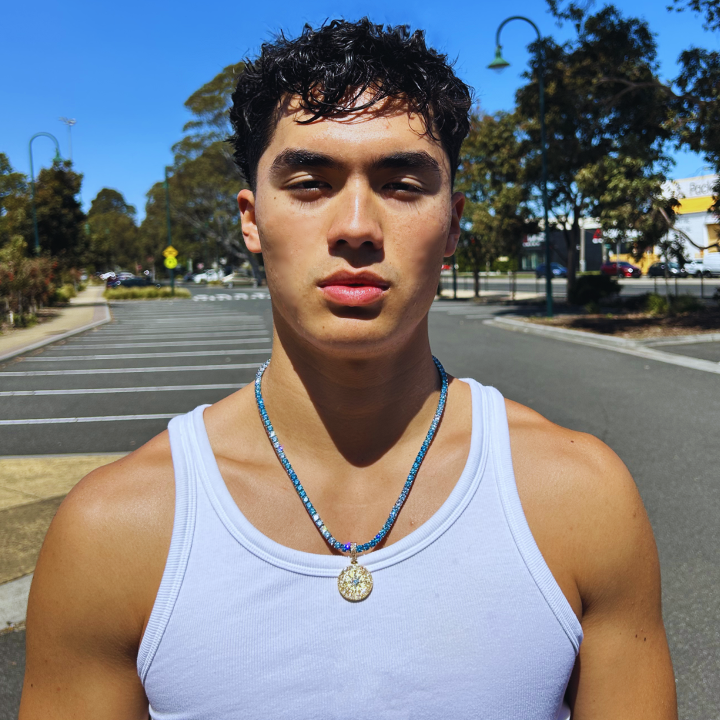 Iced Out Compass Pendant X Ice Blue Tennis Chain (Gold)