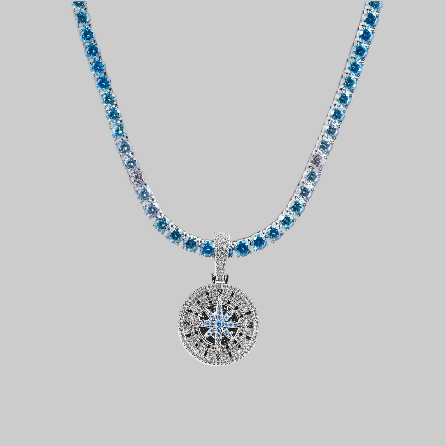 Iced Out Compass Pendant X Ice Blue Tennis Chain (White Gold)