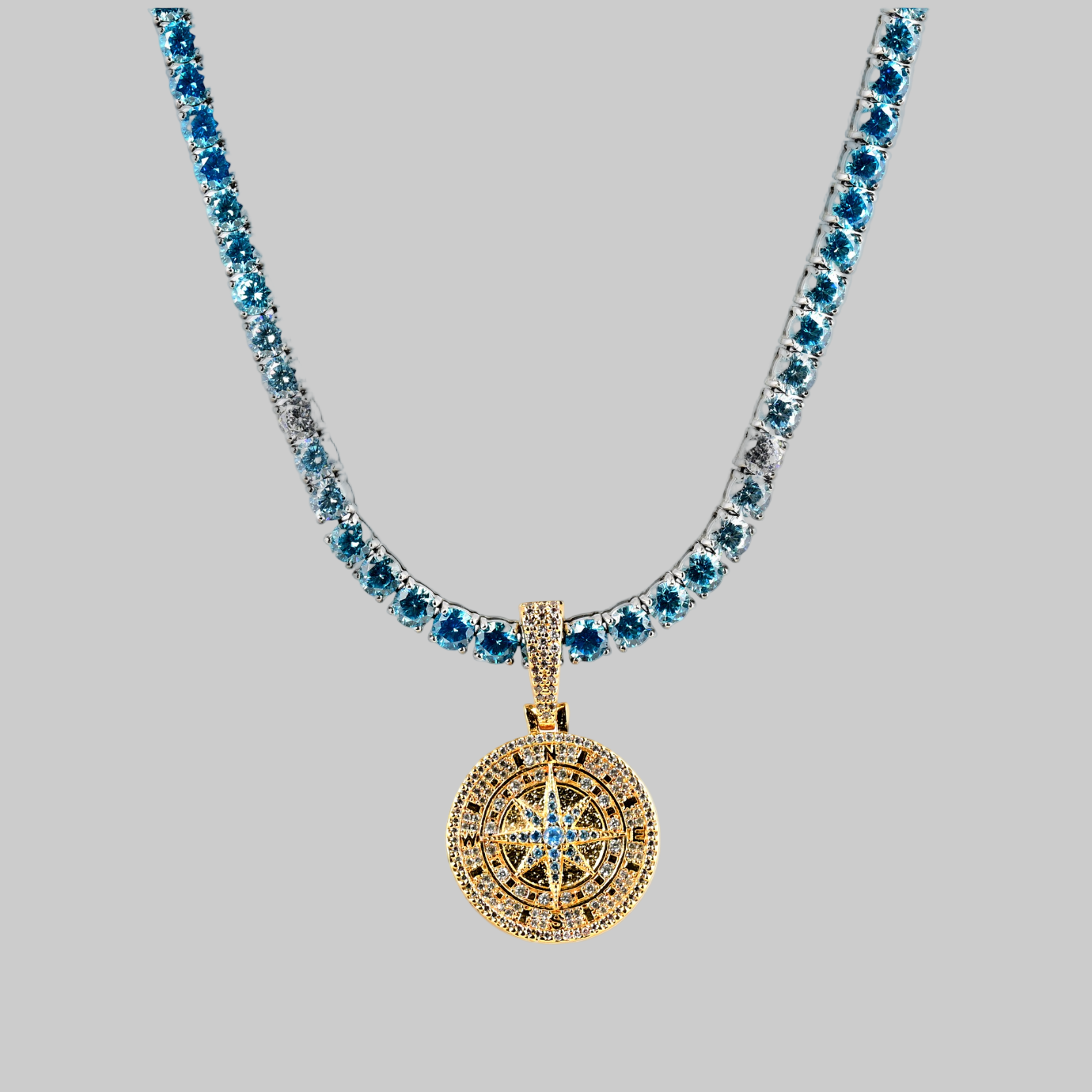 Iced Out Compass Pendant X Ice Blue Tennis Chain (Gold)