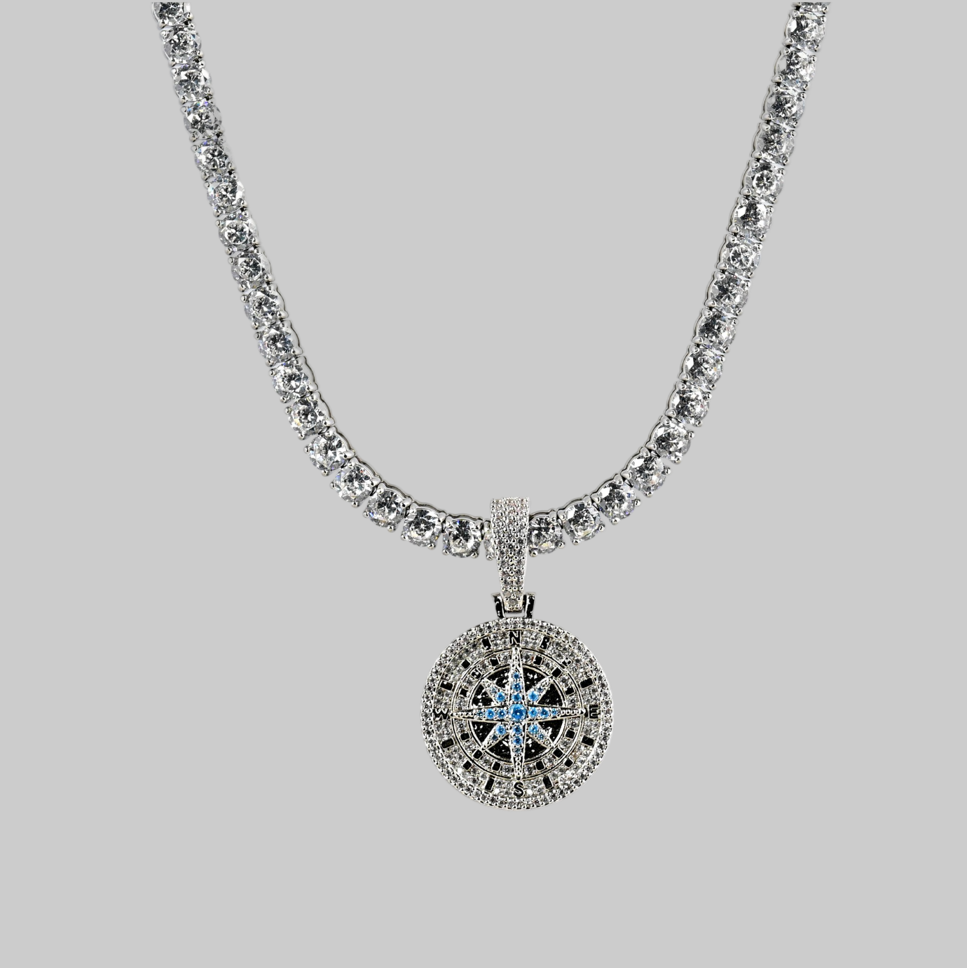 Iced Out Compass Pendant (White Gold)