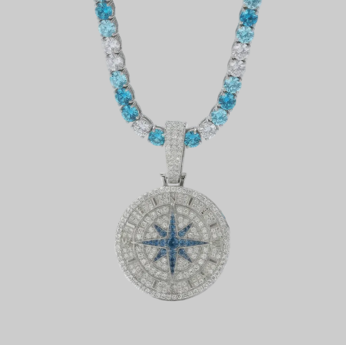 Iced Out Compass Pendant X Ice Blue Tennis Chain (White Gold)