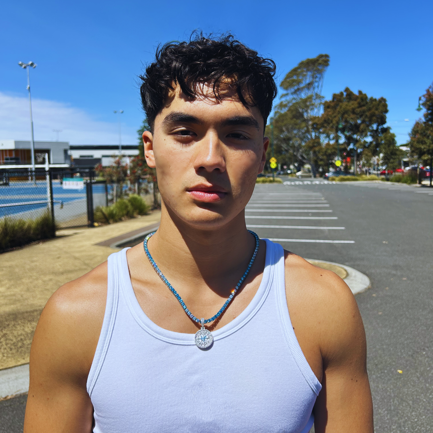 Iced Out Compass Pendant X Ice Blue Tennis Chain (White Gold)